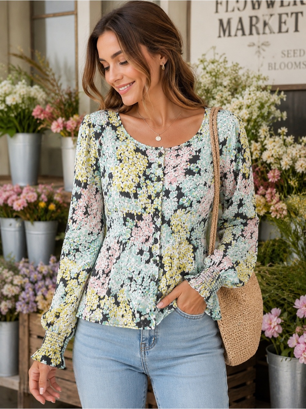 LOFT Petite Floral Peplum Blouse Long Sleeve Smocked Cuff Boho Romantic MP